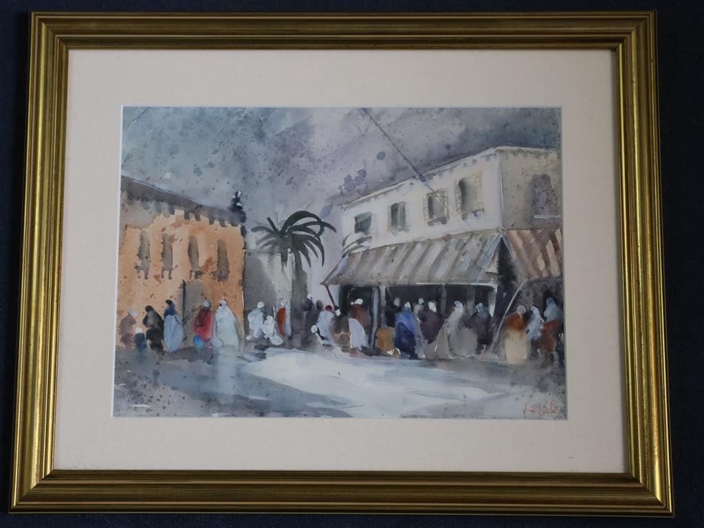 Hercules Brabazon Brabazon (1821-1906), gouache and watercolour, North African market scene, initialled, 19 x 27cm